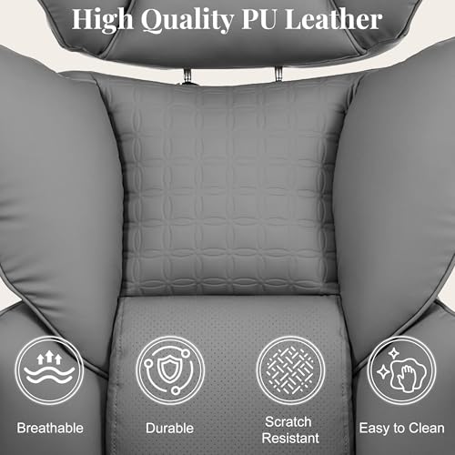 Image of Big and Tall Office Chair 400 LBS, Scratch-Resistant PU Leather Executive Ergonomic Desk Chair with Footrest, Lumbar Support, Wide Reclining Computer Seat for Home Office, Grey