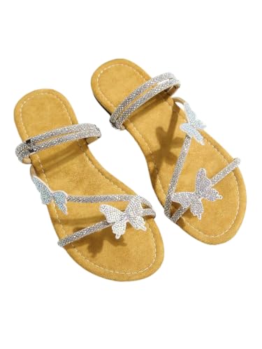 Image of OYOANGLE Women's Silver Rhinestone Sandals Sparkly Dressy Flat Sandals