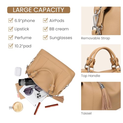 Image of HESHE Genuine Leather Purse for Women Satchel Tote Bags Shoulder HandBags | Soft Top Grain Leather,Tassel,Large Capcity,Adjustable Long Strap,Roomy,Top Handle,Crossbody,Trendy,Travel,Work,Daily Use