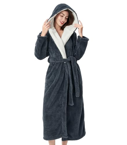 DAVID ARCHY Bata con capucha para mujer, muy cálida, de forro polar, suave, mullida, de longitud completa, A-gris oscuro, S