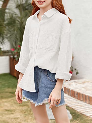 Saudacdn Girls Button Down Shirts Long Roll Up Cuffed Sleeve Collared Blouses Casual Cotton Tops with Pockets3