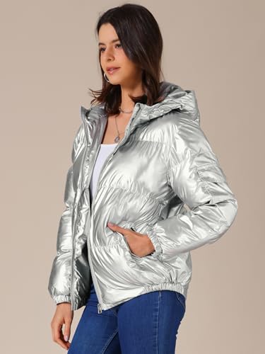 Allegra K Women's Metallic Coats Winter Holographic Shiny Party Puffer Jacket with Hood3