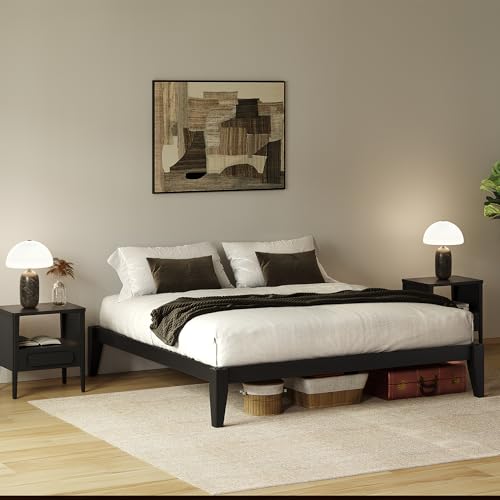 AllForWood Queen Bed Frame - Solid Wood Platform Bed - Japanese Joinery Bed Frame - Wood Slat Support - No Box Spring Needed - Easy Assembly - Minimalist & Modern Style (Midnight Charcoal, Queen)