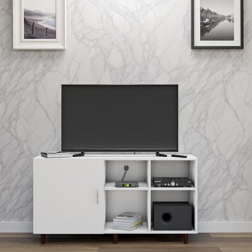 Image of VIKI Modern TV Unit for Living Room | Engineered Wood TV Cabinet with 1 Door Storage & 2 Open Shelves, Set Top Box Stand, Entertainment Unit, 140W x 74H x 40D cm | DIY | 1 Year Warranty (White)