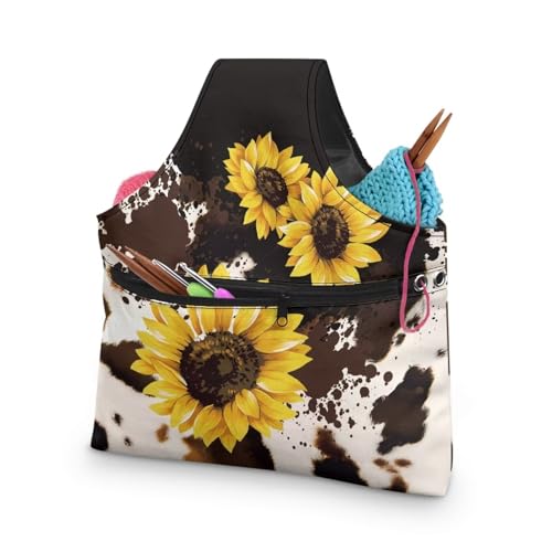 Image of KUIFORTI Sunflower Yarn Storage Bag Organizer Cow Print Crochet Tote Bag Portable Knitting Bags for Women Crochet Bags Large Size