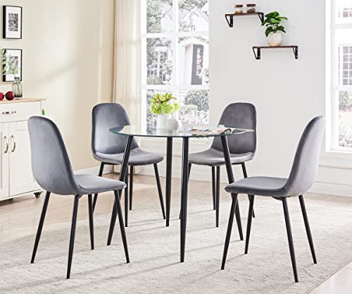 STYLIFING Dining Table Set for 4 Modern 5 Pieces Dining Room Set Mid Century Round Tempered Glass Kitchen Table and 4 Deep Grey Modern Velvet Fabric Upholstered Kitchen Chair with Metal Legs
