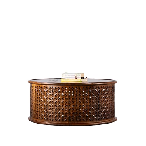 Image of Wooden Coffee Table for Living Room | Handcrafted Solid Wood Round Center Table with Carved Jaali Design | Coffee Table for Home Decor | Tea Table for Bedroom & Office (Honey)
