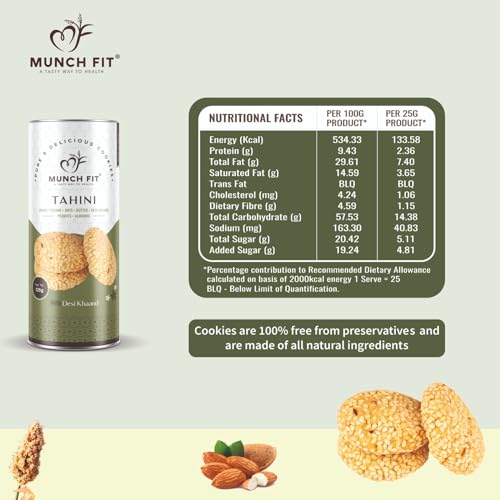 Image of Munch Fit Jowar Sesame Oats Tahini Cookies | Egg Less Cookies Made with Desi Khand 125gm Pack of 4 | Healthy Multigrain Cookies | High Protein, Fiber Gluten Free | Natural Snack for Tea, Coffee & Kids