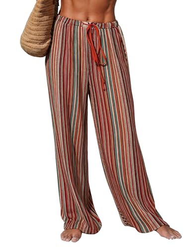 Image of ZAFUL Womens Beach Cover Up Pants Sexy Crochet Drawstring Elastic Boho Swimsuit Cover Up Long Pants Beach Wear