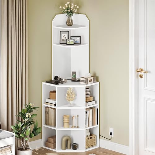 GOOBED Corner Shelf Cabinet, Modern Corner Storage Rack with Charging Station, Wooden Display Bookshelf Bookcase for Living Room, Bedroom, Dining Room, Kitchen, White