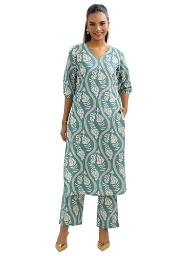 Image of Libas Womens Printed Cotton Straight Kurta With Trousers | daily wear suit