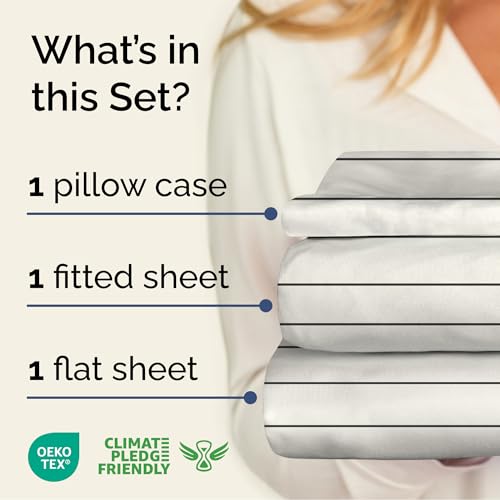 Image of Twin 3 Piece Striped Sheet Set - Soft, Breathable & Cooling - Cream Stripe | 1 Flat, 1 Fitted & 1 Pillowcase w / Deep Pockets, Luxury Striped Bedding, Soft, Breathable & Cooling, Wrinkle & Fade Free