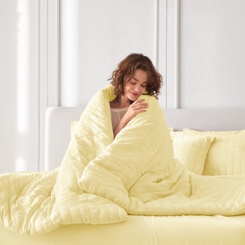 Image of MUXHOMO 7 Pieces California King Comforter Set, Seersucker Bed in a Bag Cal King Size, All Season Luxury Bedding Set with Comforter, Flat Sheet, Fitted Sheet, Pillowcases & Shams, Yellow
