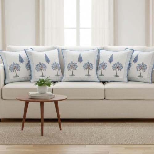 HOMEMONDE Set of 5 Cushion Covers 16x16 Inches (40x40 cm) – Premium Cotton 300 TC, Soft Square Pillow Cases for Sofa & Living Room – Blue (40x40 cm)