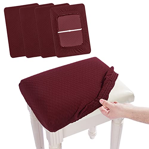 Image of 4 pcs Vanity Stool Bench Covers, Luxury Crease-Resistant Jacquard Fabric Saddle Bar Stool Slipcovers Stretch Washable, (Rectangle, 4 Counts, Burgundy)