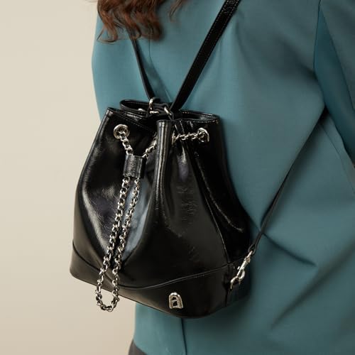 LA FESTIN Leather Purses for Women Cute Backpack Lightweight Shoulder Small Trendy Bucket Handbags with Strap Silver Chain (Black)2