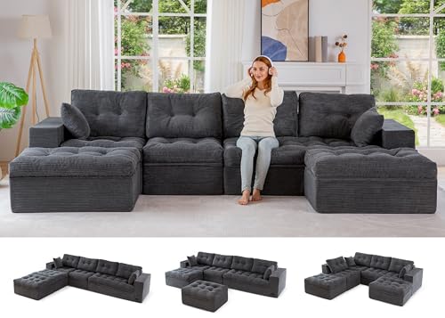 Image of MAXYOYO 132 inch U Shaped Modular Sectional Sofa with 2 Ottomans, Cloud Boneless Couch with Layered Cushion, Flexible Module Combination Sofa for Living Room, No Assembly Required, Dark Grey