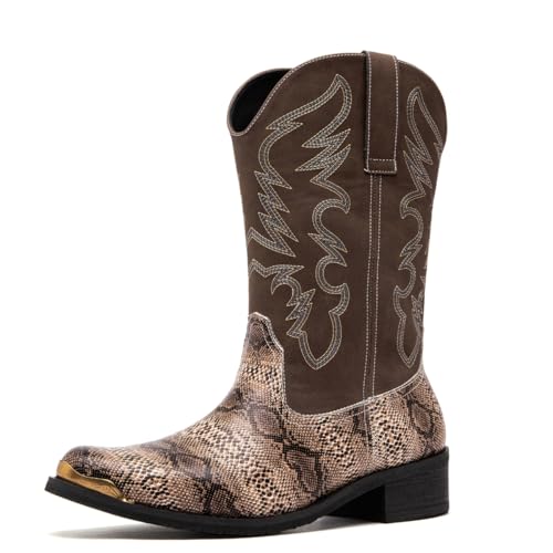 Image of Men's cowboy boots round toe boots embroidered with traditional Western country artificial snakeskin pattern