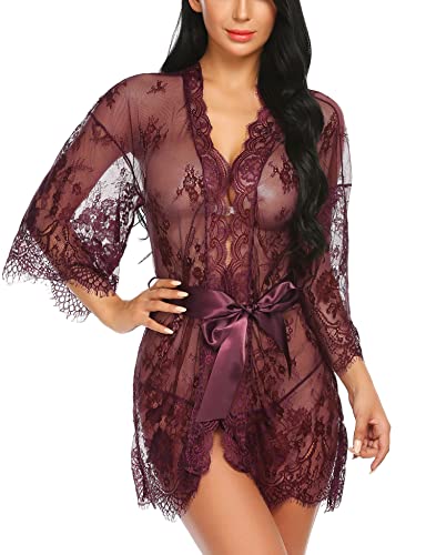 Avidlove Women's Lace Kimono Robe Babydoll Lingerie Mesh Nightgown S-5XL - Wine Red - X-Large