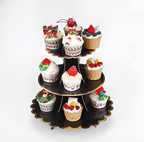 YLDW Cupcake Stand with Lace Trim, 3-Tier Cupcake Stand Display, Cardboard Cup Cake Tower Stand, Disposable Dessert Stand for Birthday Tea Party Baby Shower Treat Decorations, Black