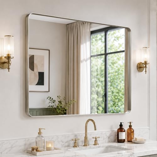 Image of 36 inchx30 inch Bathroom Vanity Mirror for Wall Aluminum Framed Farmhouse Rectangle | Anti-Rust, HD Reflection Anti-Desilvering, Distortion Free, Tempered and Shatter-Proof Wall Mounted Mirror, Brushed Nickel