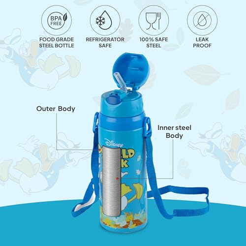 Image of CELLO Kidzbee Autumn 600 Donald Duck Design Insulated Kids Sipper Water Bottle 600 ml |Food Grade, 3D Touch & Feel Design, BPA Free, Leakproof Easy Press Open Flip Top Cap Insulated Kids Water Bottle