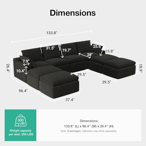 Image of Novilla 133.8 inch Modular Cloud Couch, Modern Sectional Sofa with Smarts Coil Support, Chenille Fabric, Upholstered Couch for Living Room Apartments Bedroom, No Assembly, 4 Seater + 4 Ottoman, Dark Grey