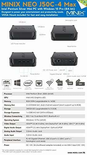 Minix J50C-4 Max Intel Pentium Silver Mini Pc With Windows 10 Pro (64-Bit), Designed To Power Your Entertainment And Productivity Needs. (8Gb+240Gb/Mini Pc) #TOP5