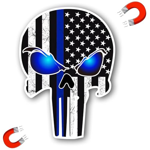 Image of Punisher Skull Tattered Subdued US Flag Reflective Magnet Decal with Thin Line Car Sticker, Truck Accessories (Black with Blue)