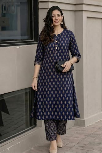 Image of ANNI Designer Kurta Set for Women Viscose Printed | Kurti Set for Woman | Kurta Pant Set | 2 Piece Set Women | Mandarin Neck 3 /4 Sleeve Regular Fit Stylish Ethnic Outfit Clothing
