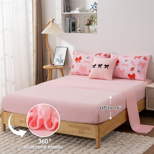 Image of A Nice Night Red Bow Comforter Set,6Pc Full Bedding Sets for Girls | Cute Ribbon Bowknot Strawberry Printe,Bed in a Bag With Sheet Sets,Light Pink Room Decor,Ultra Soft,Machine Washable