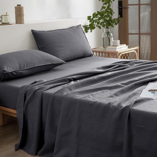 EVERLY Linen Queen Sheets Set, 100% Stonewashed French Linen Bed Sheets Deep Pocket Sheets, 4 Pieces (1 Flat Sheet, 1 Fitted Sheet, 2 Pillowcases) Natural Flax Bedding Set-Dark Grey