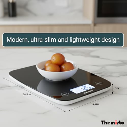 Image of Themisto TH-WS18 Digital Kitchen Weighing Scale With Touch Screen Controls | For Cooking, Baking, Health & Fitness | Max Capacity 5kg | Black Matte Finish | Tare Function | 6 Months Warranty