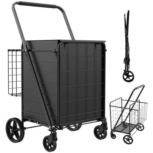Foldable Shopping Cart with Waterproof Bag, 360Â° Swivel Wheels & Double Basket, 300lbs Capacity for Groceries, Heavy Duty Utility Grocery Carts for Shopping, Laundry, Camping, Luggage