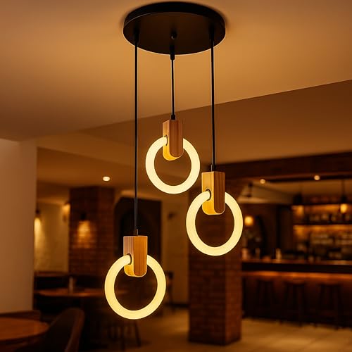 Image of Lampmaster 3-Ring LED Pendant Light | Modern Hanging Ceiling Lamp with Wooden Accent & Warm White Glow | Decorative Chandelier for Living Room, Dining Room, Bedroom, Restaurants & Cafe Interior