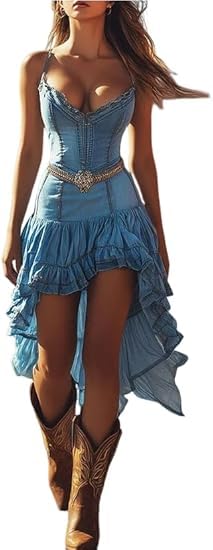 Women's Retro Western Denim Print Dress Cowgirl Vintage Country Concert Dresses (A, 2XL)