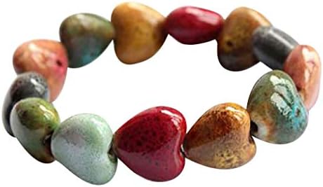 Evangelia.YM Women's Love Heart Stone Beaded Bracelets, Creative Ethnic Style Flower Glaze Ceramic Beads Link Strand Bracelet Ladies Jewelry Gift (Multicolor)