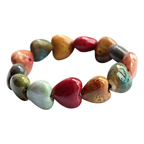 Evangelia.ym Women's Love Heart Stone Beaded Bracelets, Creative Ethnic Style Flower Glaze Ceramic Beads Link Strand Bracelet Ladies Jewelry Gift (Multicolor) #TOP28