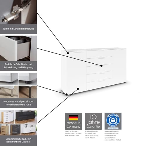 Rauch Möbel Flipp, Nachttisch für Schlafzimmer, Kinderzimmer, Wohnzimmer, Flur, Garderobe, 2-türig, 3 Schubladen, mit Softclose-Funktion, Griffe und Metallkufe Chrom, Farbe Glas Weiß, Breite 160 cm