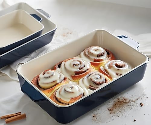 Kook Casserole Dish, Ceramic Baking Dish, Large Lasagna Pan Deep for Oven, 8.5 x 14, 11 x 7, 8 x 5, Set of 3, 92oz, 50oz, 20oz, Baking Pan with Handles, Oven Safe and Durable, Home, Gift, (Navy) - Thumbnail 2