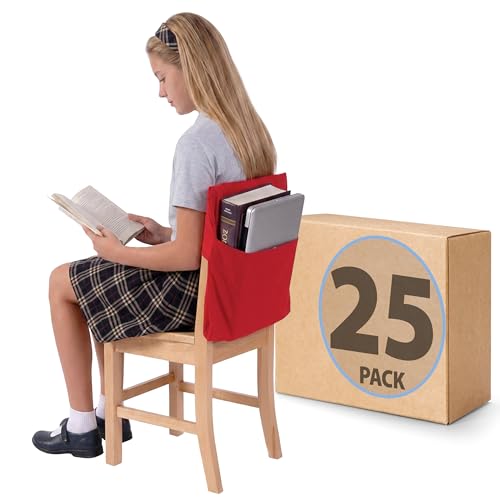 Image of Seat Sack Student Chair Storage Pocket - 17 inch, Single Pocket, Classroom Chair Organizer for Student Desks, Durable Over-the-Chair Storage, Ready-to-Use Name Tag Window, Red, 25-Pack