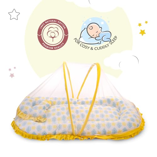 Image of Mee Mee Soft Bed Mattress Set | with Mosquito Net, Neck Pillow & Zip Closure | 100% Cotton Newborn Baby Bedding | with Attractive Clouds & Star Prints | for 0+ Months