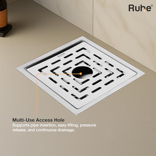 Image of Ruhe Sapphire Exclusive Square Flat Cut Floor Drain /Jali with Cockroach Trap & Hole | 304 Stainless Steel Floor Drain | 6 x 6 inches