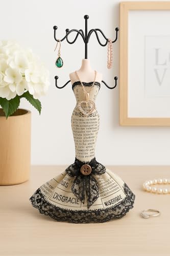 Vintage Dress Form Jewellery Holder Stand – 20cm Fabric Mannequin with Lace Trim & Hooks – Necklace, Bracelet, Ring Organiser for Dressing Table, Bedroom or Vanity Display – Elegant Décor JR-1416