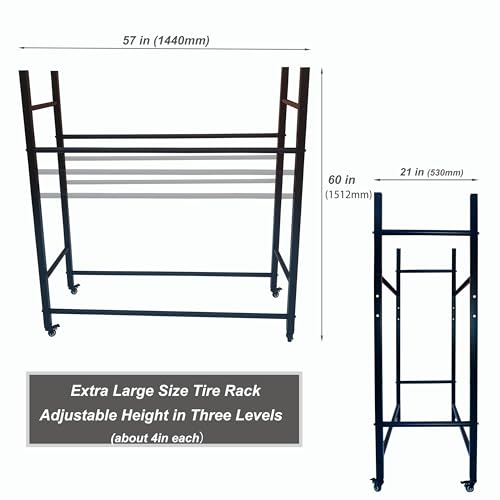 Image of Heavy Duty 12-Tire Garage Rack, Steel Tire Storage Shelf with Wheels, Adjustable in Height, Rolling Tire Rack Organizer with Waterproof Cover, Ideal for Truck /RV /SUV Tires (60 inch H x 57 inch W)