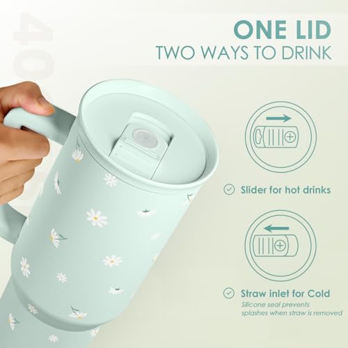 Image of Daisy 40oz Tumbler with Handle and Straw - Flower Insulated Stainless Steel Travel Coffee Mug for Women Girls - Gift Idea for Birthday Christmas Mothers Day