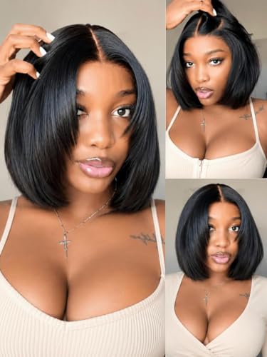 UNICE 7X5 Lace Part Bob Wig Human Hair Bye Bye Slip Glueless Wig with Silicone Strips & Drawstring Yaki Straight Layered Cut with Face Framing Layers 180% Density Bleached Knots Pre Plucked 10inch
