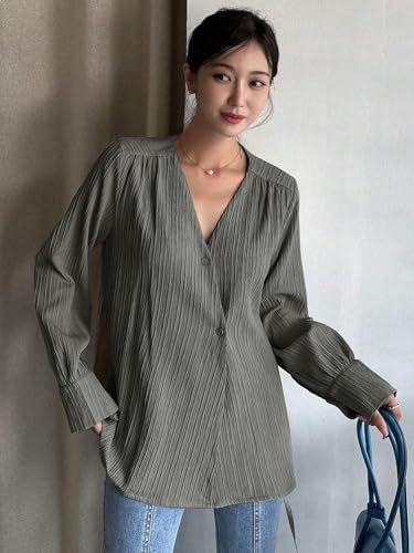 Image of Leriya Fashion Women's V-Neck Pleated Tunic Top - Long Sleeve Drawstring Waist Summer Blouse, Lightweight Casual Shirt for Office, Travel, Daily