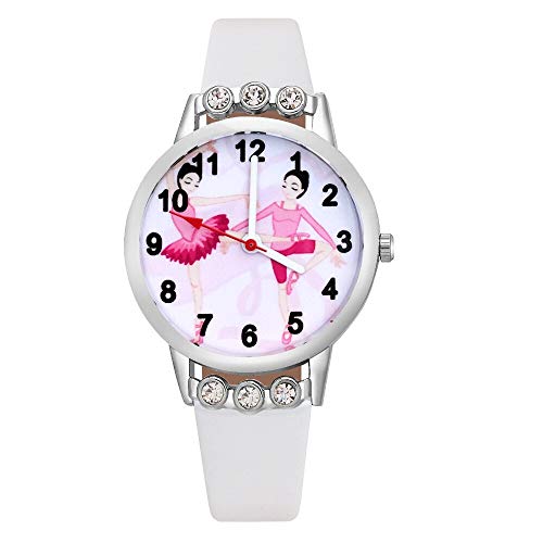 Reloj de niña Dibujos Animados de Moda Pretty Ballet Girl Crystal Style Relojes Student Girls Reloj de Pulsera de Cuero de Cuarzo Reloj Relojes para niñas (Color : Pink)