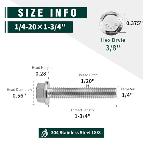 Image of 1 /4-20 x 1-3 /4 inch Flanged Hex Head Bolts Screws, 304 Stainless Steel 18-8, Full Thread, Coarse Thread, 20 PCS